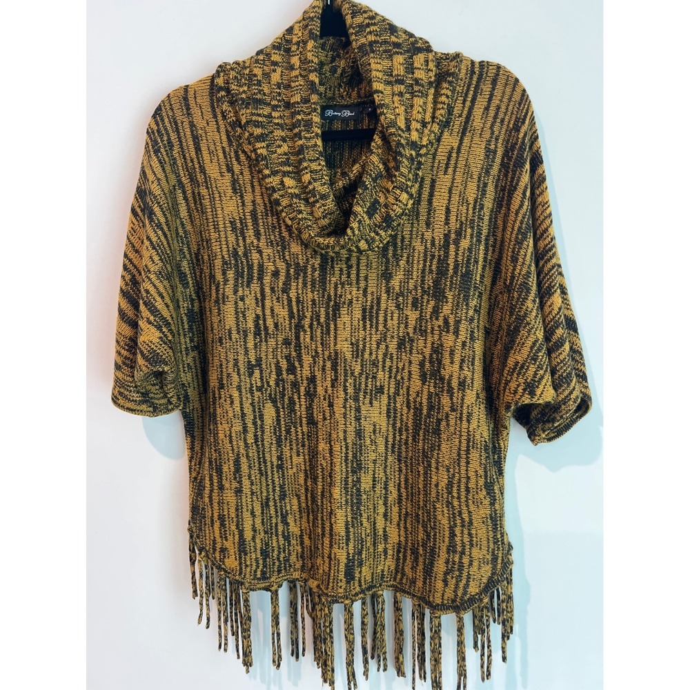 Brittany Black Cowl Neck Short Sleeve Fringe Sweater Marled Mustard Black